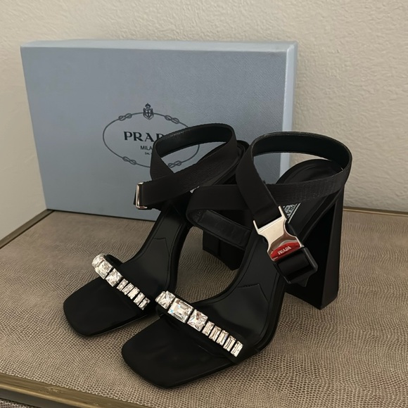 Prada satin stoned block sandal heel